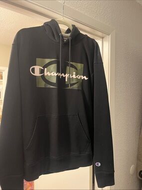Champion Black Hoodie with Olive Camp Graphic outerwear streetwear hooded sweat